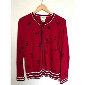 Vintage Talbots Sweater Womens Medium Red Embroidered Anchor Zipper Knit